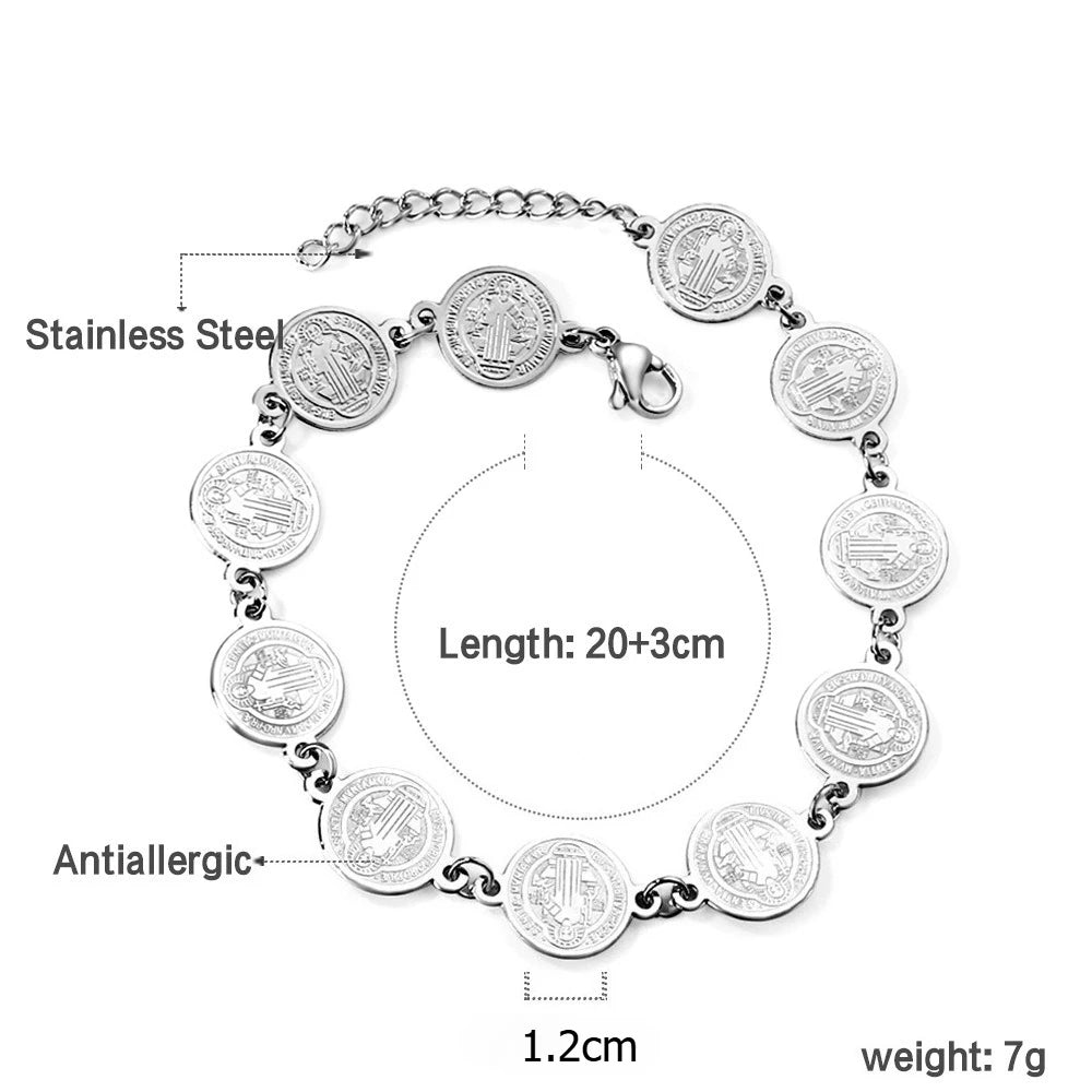 Silver bracelet with coin-like charms on a white background, showing measurements and material details.