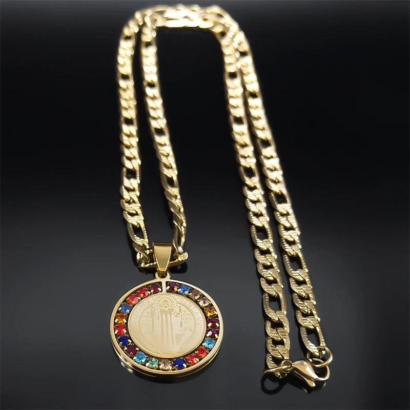 Gold chain necklace with a colorful medallion on a black background