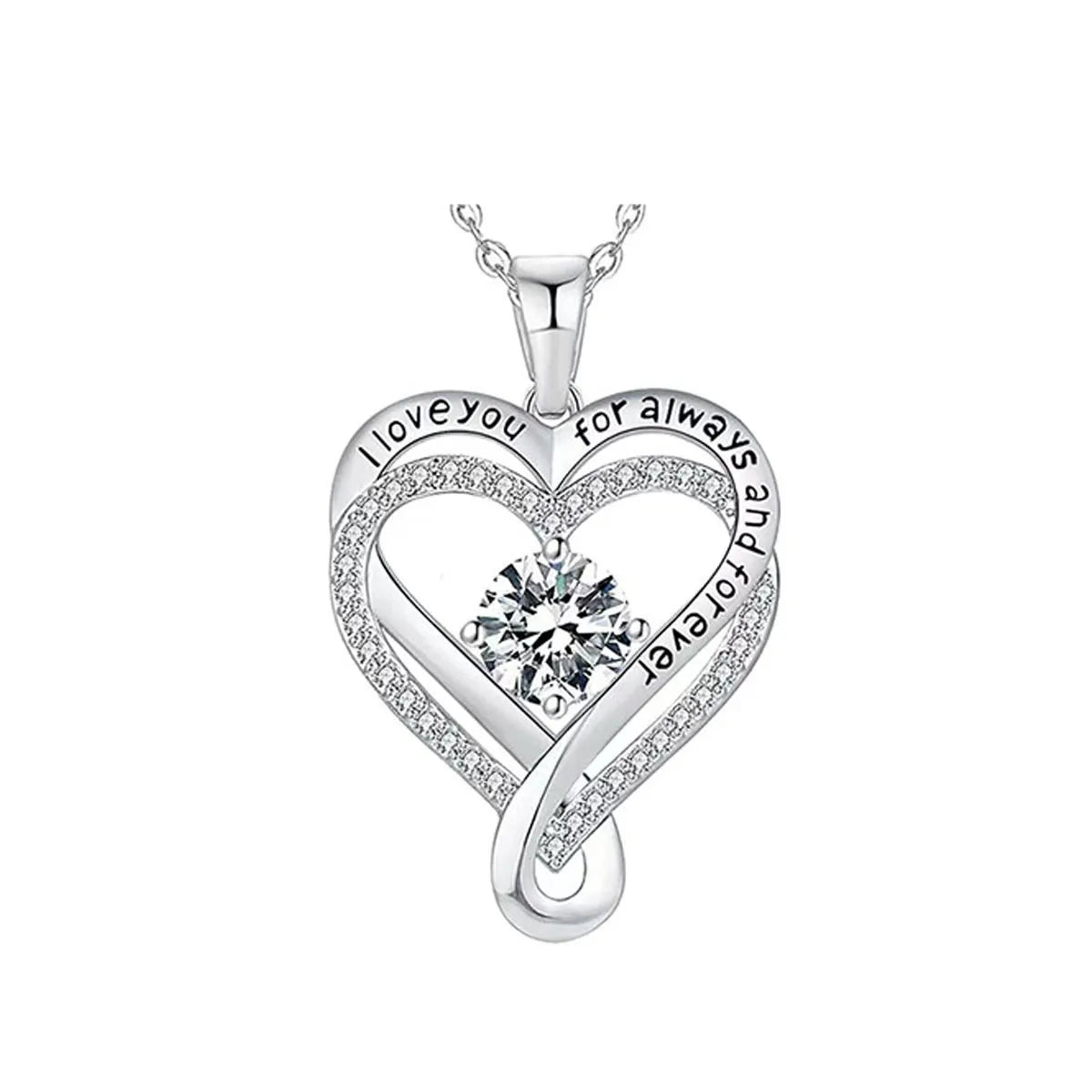 Silver heart-shaped pendant with 'I love you for always' engraving on a white background