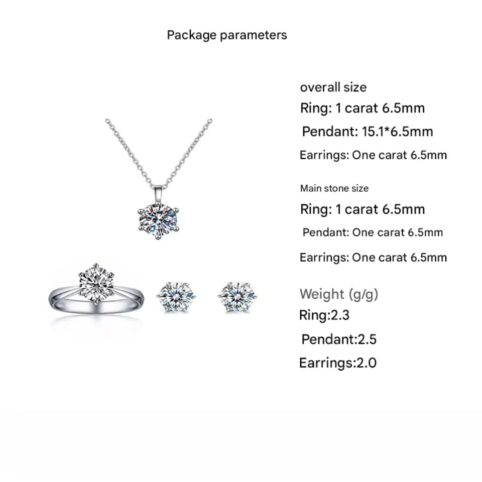 Jewelry set with ring, pendant, and earrings on a white background, accompanied by sizing parameters.