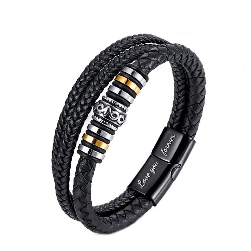 Black braided leather bracelet with metal accents on a white background