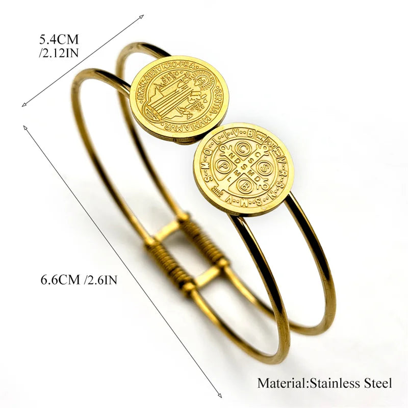 Gold bracelet with circular medallions and measurements on a white background
