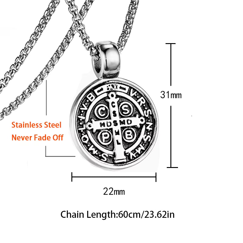 Silver necklace with pendant and measurement details on a white background