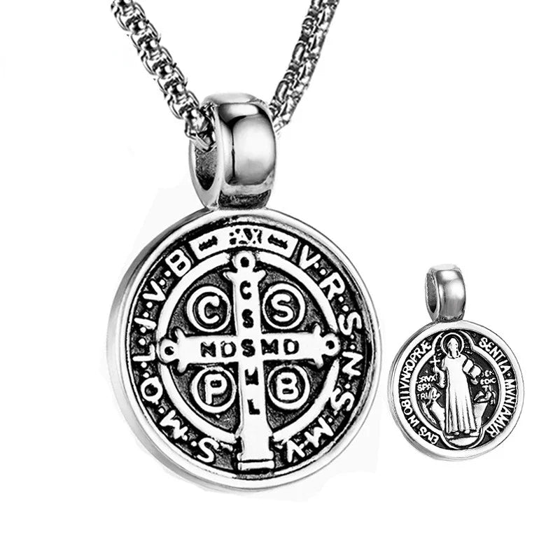 Silver pendant necklace with front and back views on a white background