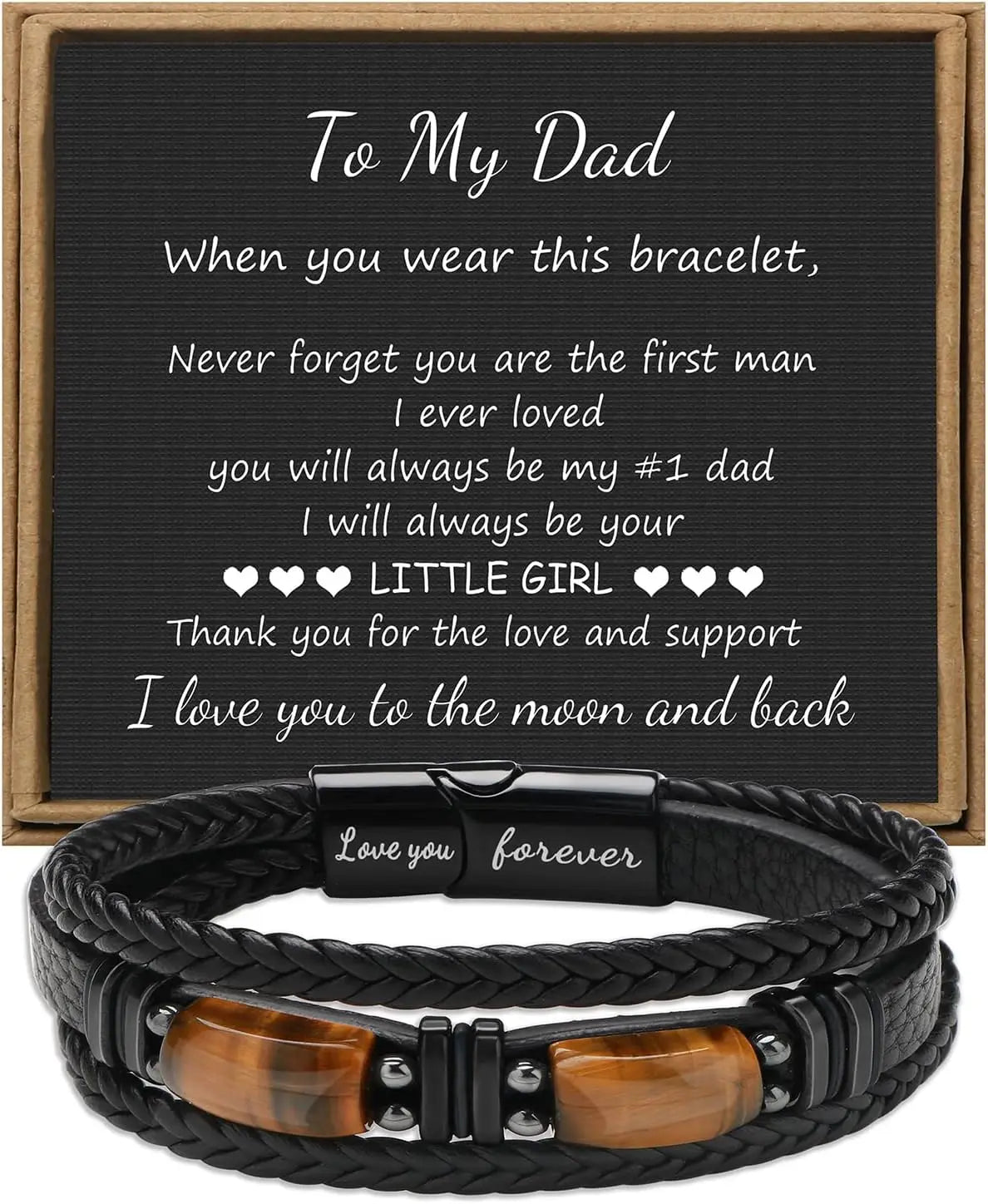 Black braided leather bracelet with wooden accents on a black background with white text.