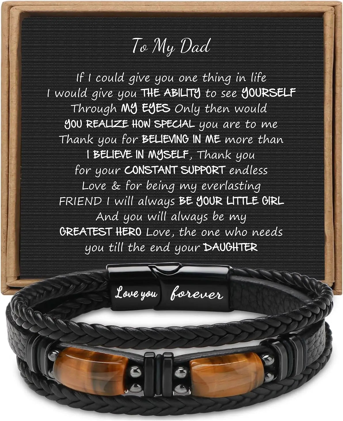 Black braided leather bracelet with wooden accents and a message card for dad.
