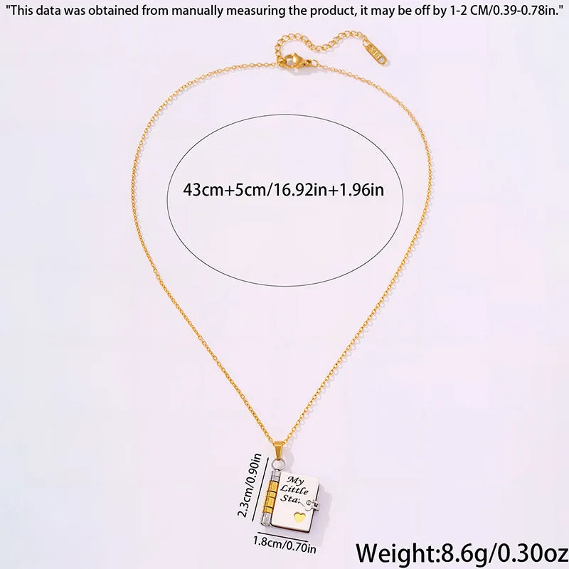 Gold necklace with a pendant on a white background, showing measurements and weight.