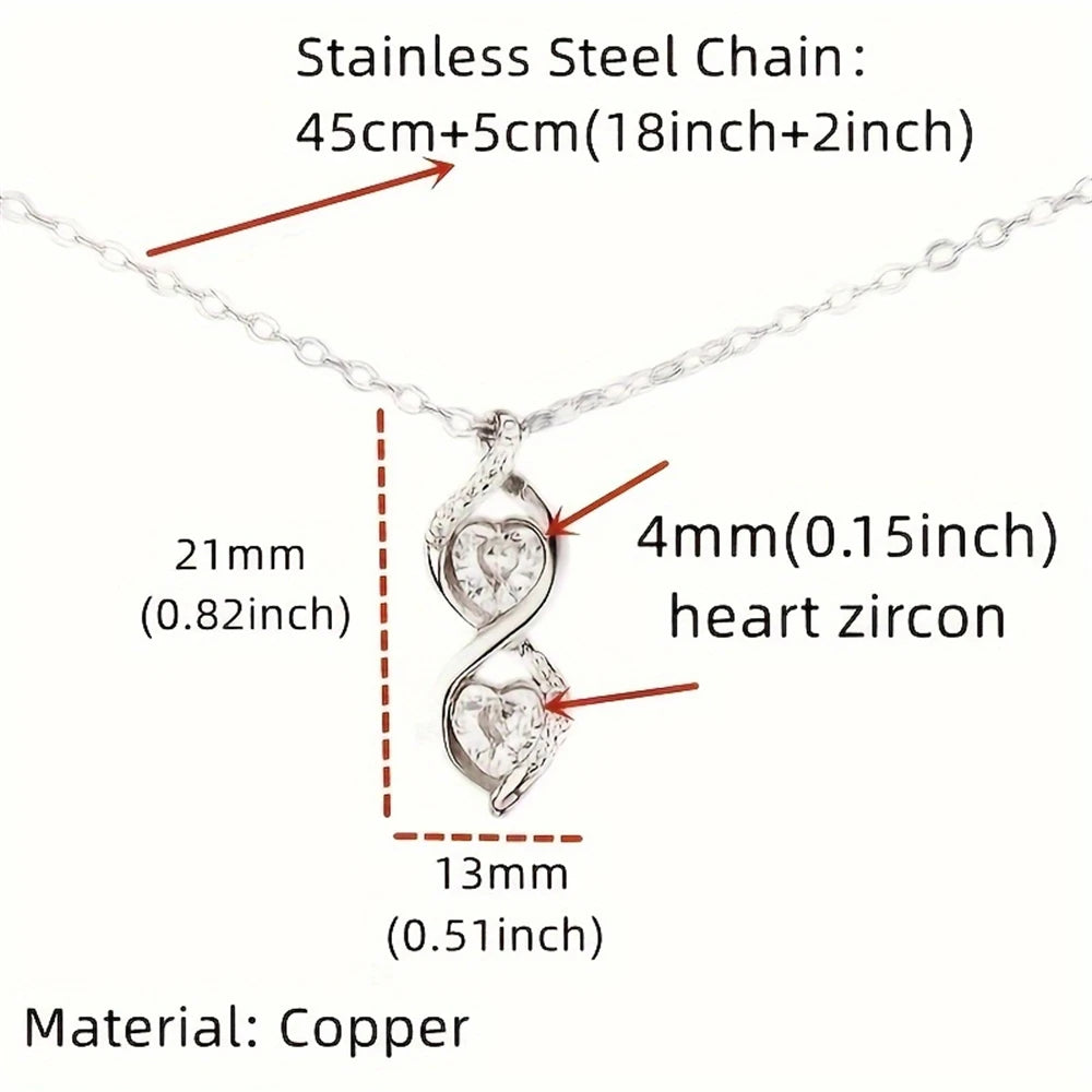 Jewelry necklace with heart-shaped zircon pendants and measurements on a white background