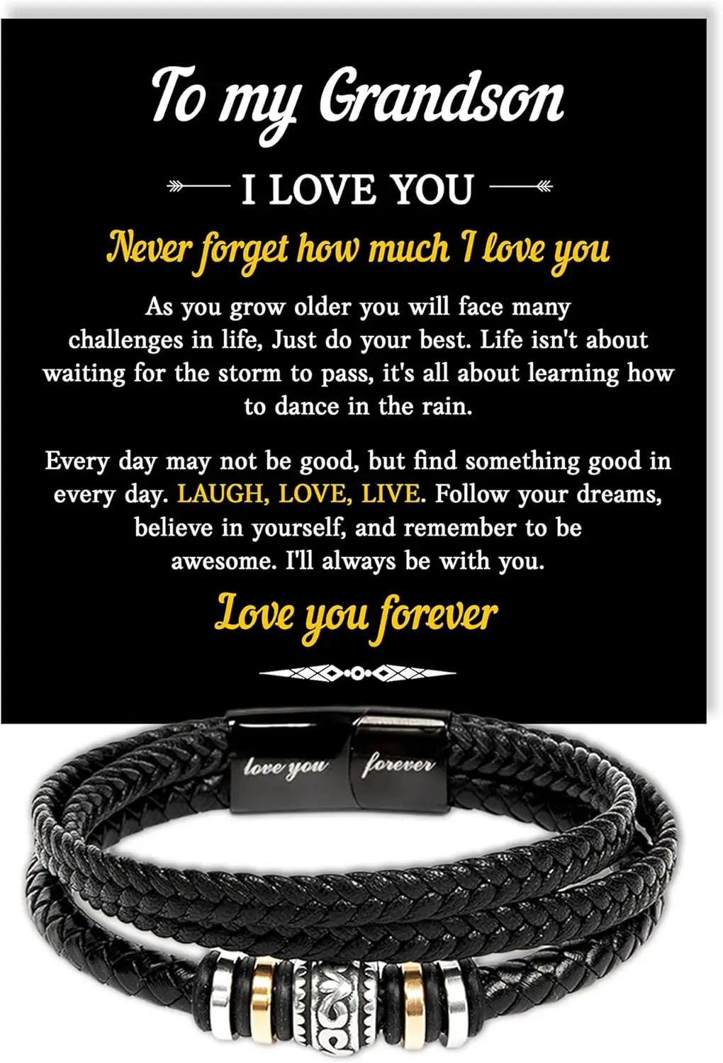Black braided leather bracelet with metal accents and a sentimental message card for grandson.