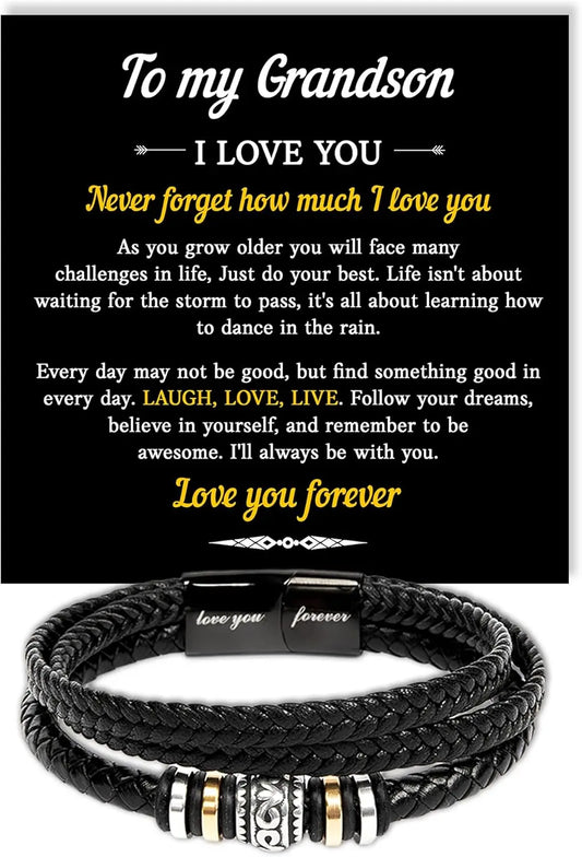 Black braided leather bracelet with metal accents and a sentimental message card for grandson.