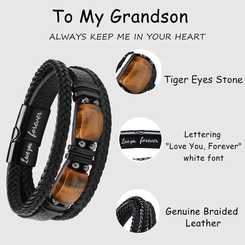 Bracelet with tiger eye stone and braided leather, featuring 'Love you forever' text.