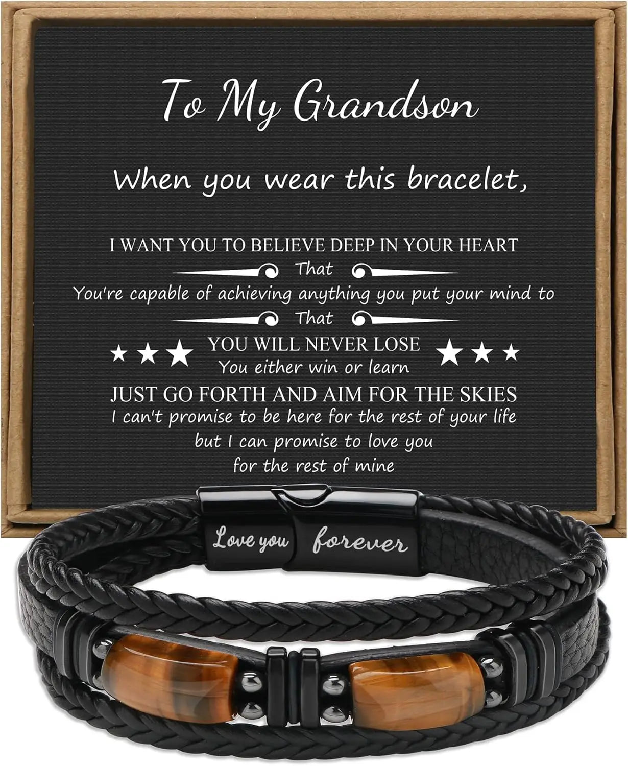 Black braided leather bracelet with wooden accents and a message card on a wooden background.