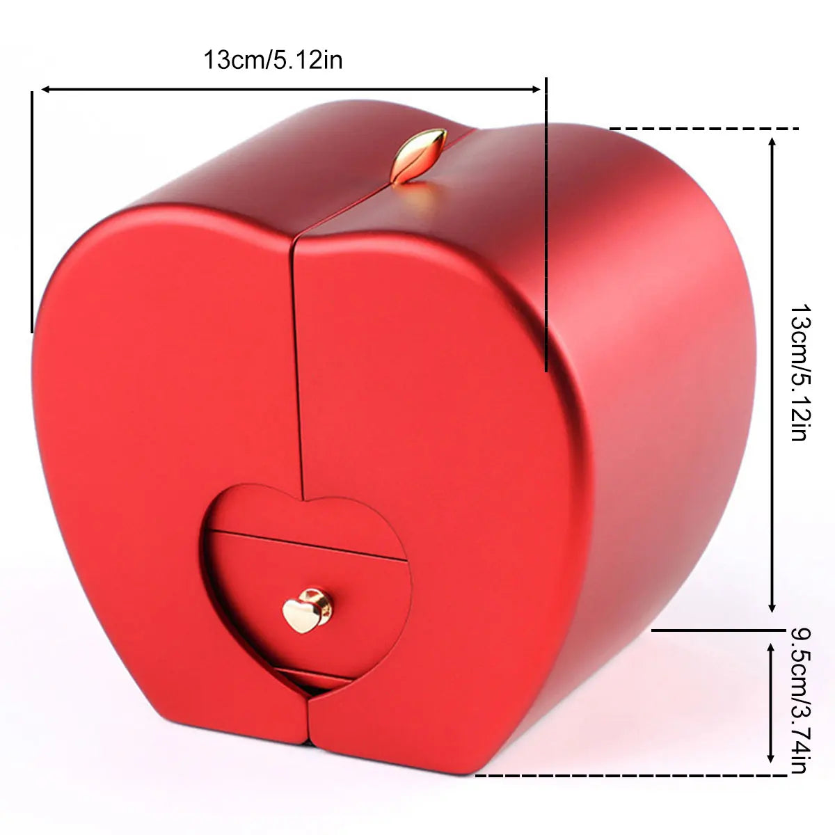 Red heart-shaped box with gold accents and measurements on a white background