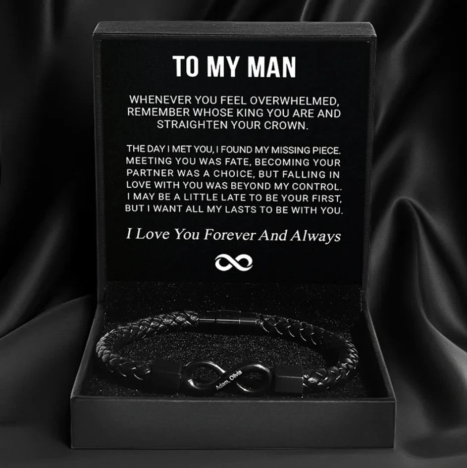 Bracelet in a box with romantic message to 'My Man' on a dark background