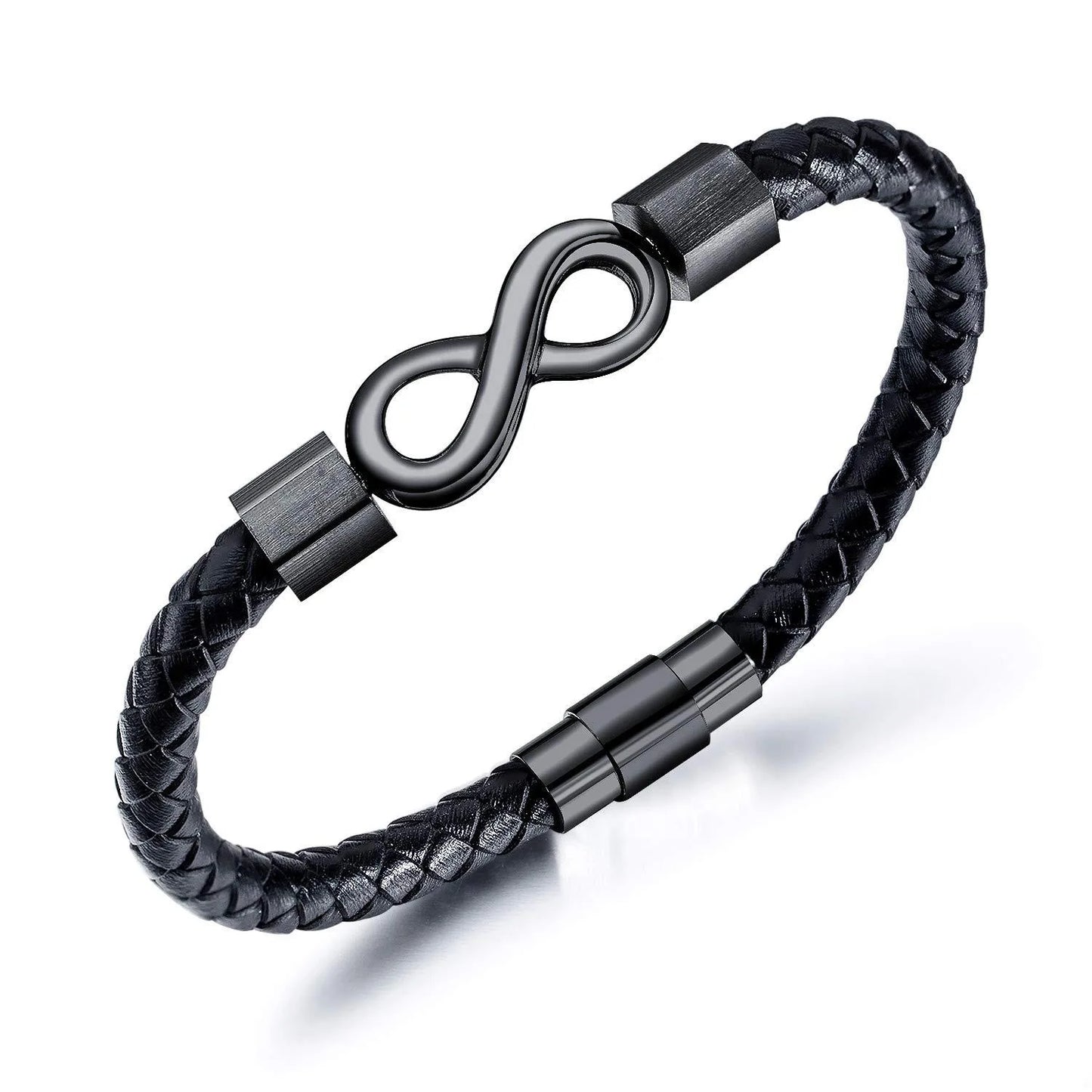 Black braided leather bracelet with an infinity symbol charm on a white background