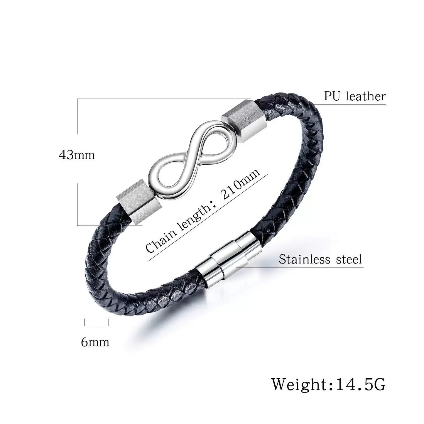 Black leather bracelet with stainless steel clasp and measurements on a white background