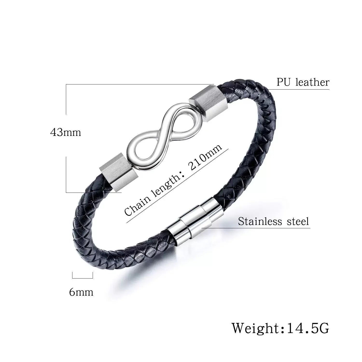 Black leather bracelet with stainless steel clasp and measurements on a white background