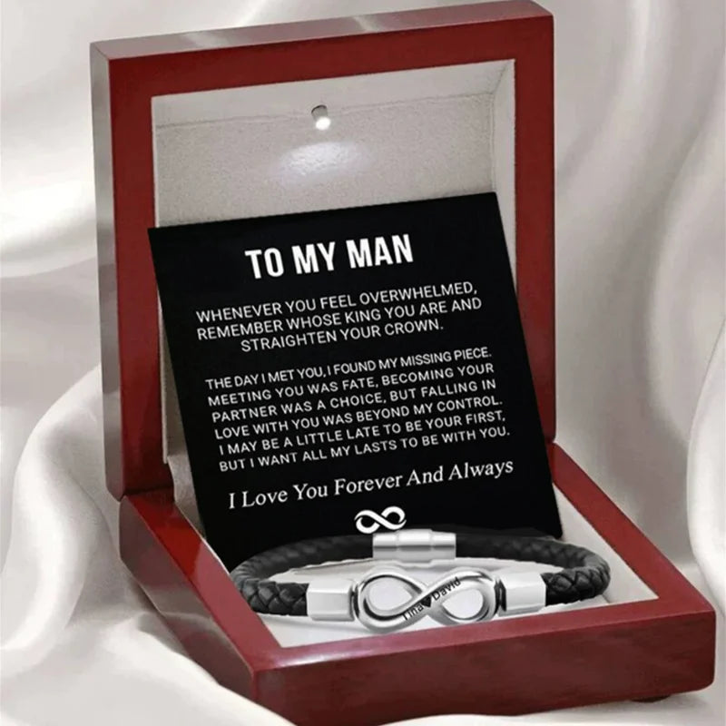 Bracelet with infinity symbol in a decorative box with a sentimental message.