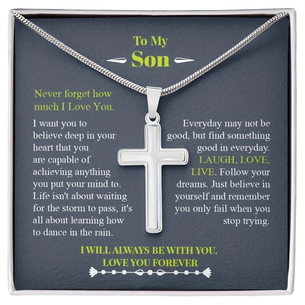 Silver cross necklace in a gift box with motivational text for a son.