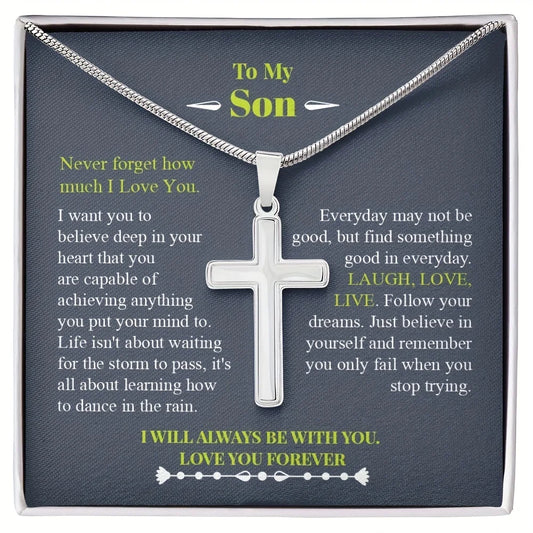 Silver cross necklace in a gift box with motivational text for a son.
