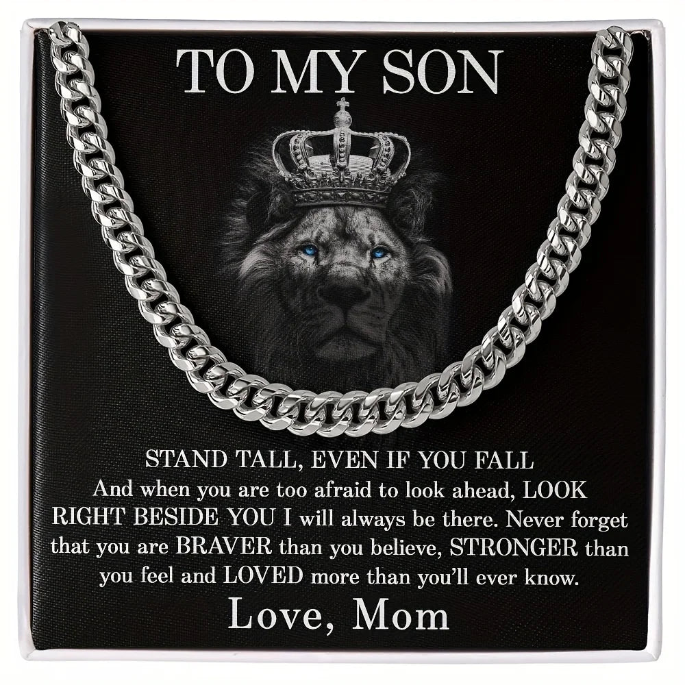 Lion with a crown and chain necklace on a black background with motivational text.