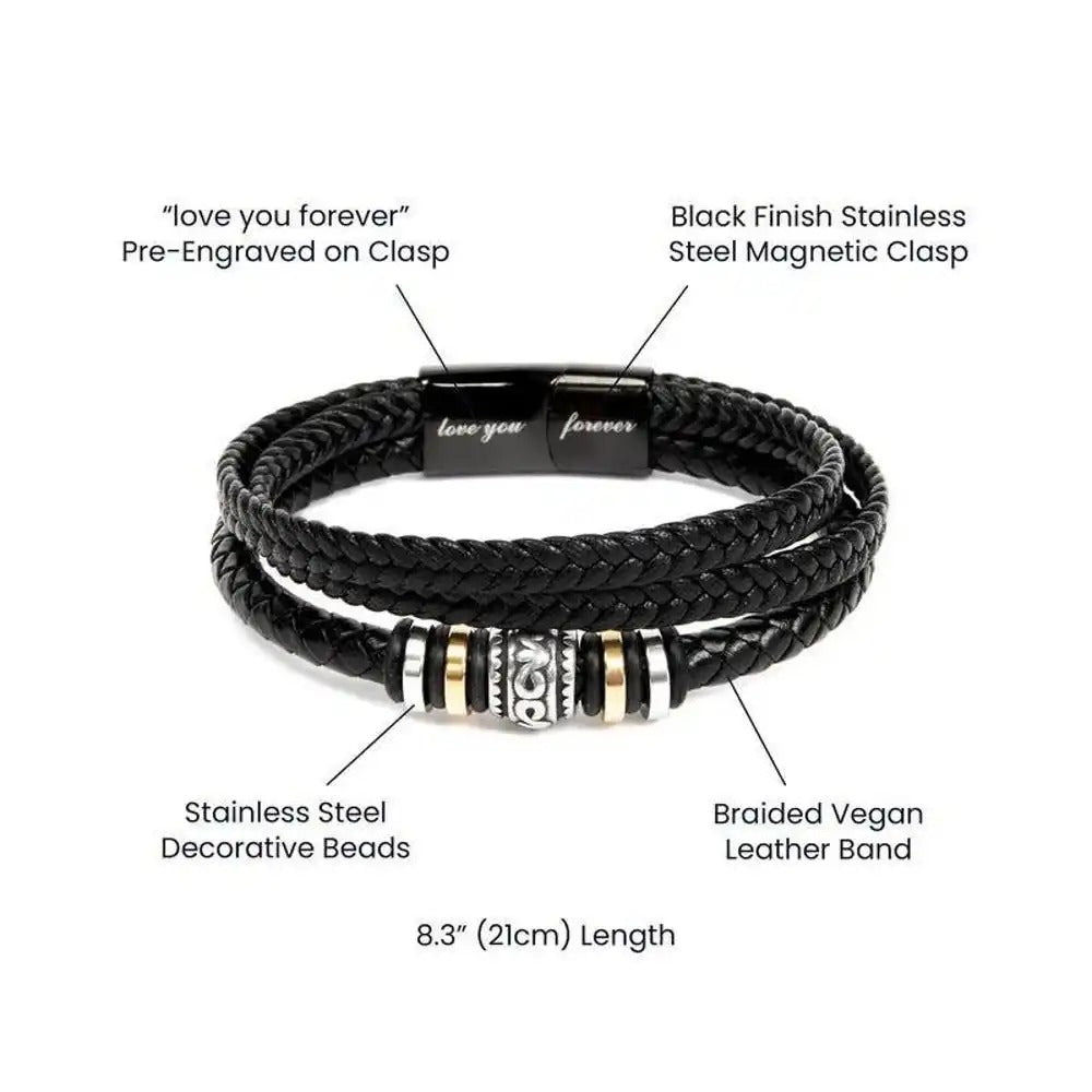 Black braided vegan leather bracelet with engraved clasp and decorative beads on a white background