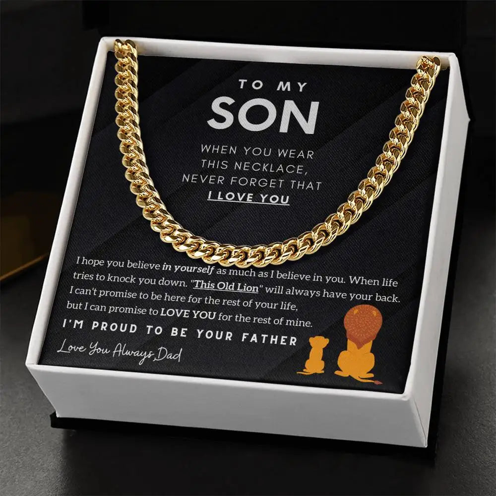 Gold chain necklace in a gift box with sentimental message to son