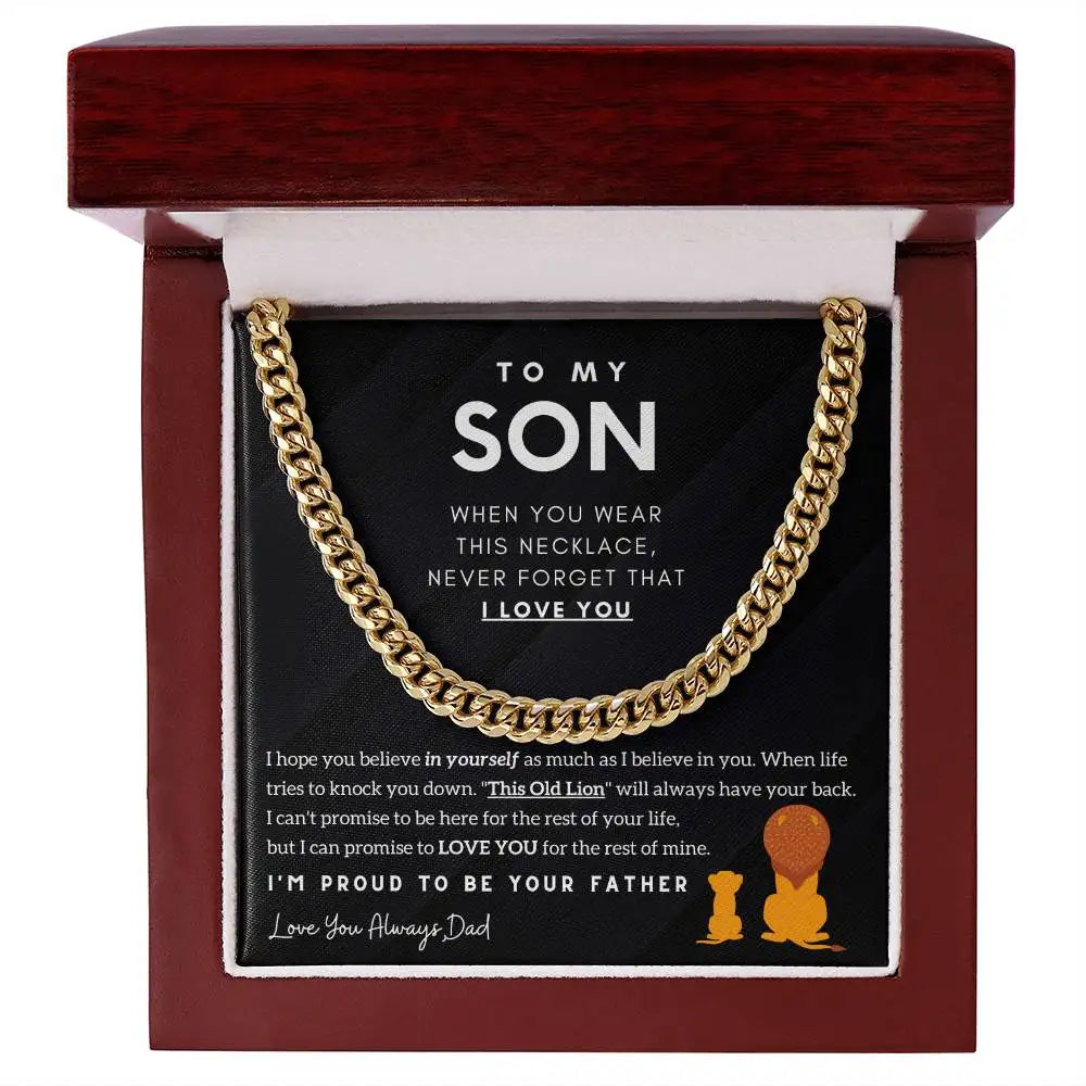 Gold chain necklace in a wooden box with sentimental message to son