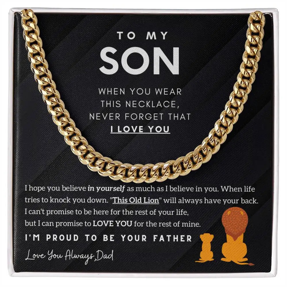Gold chain necklace with sentimental message on a black background