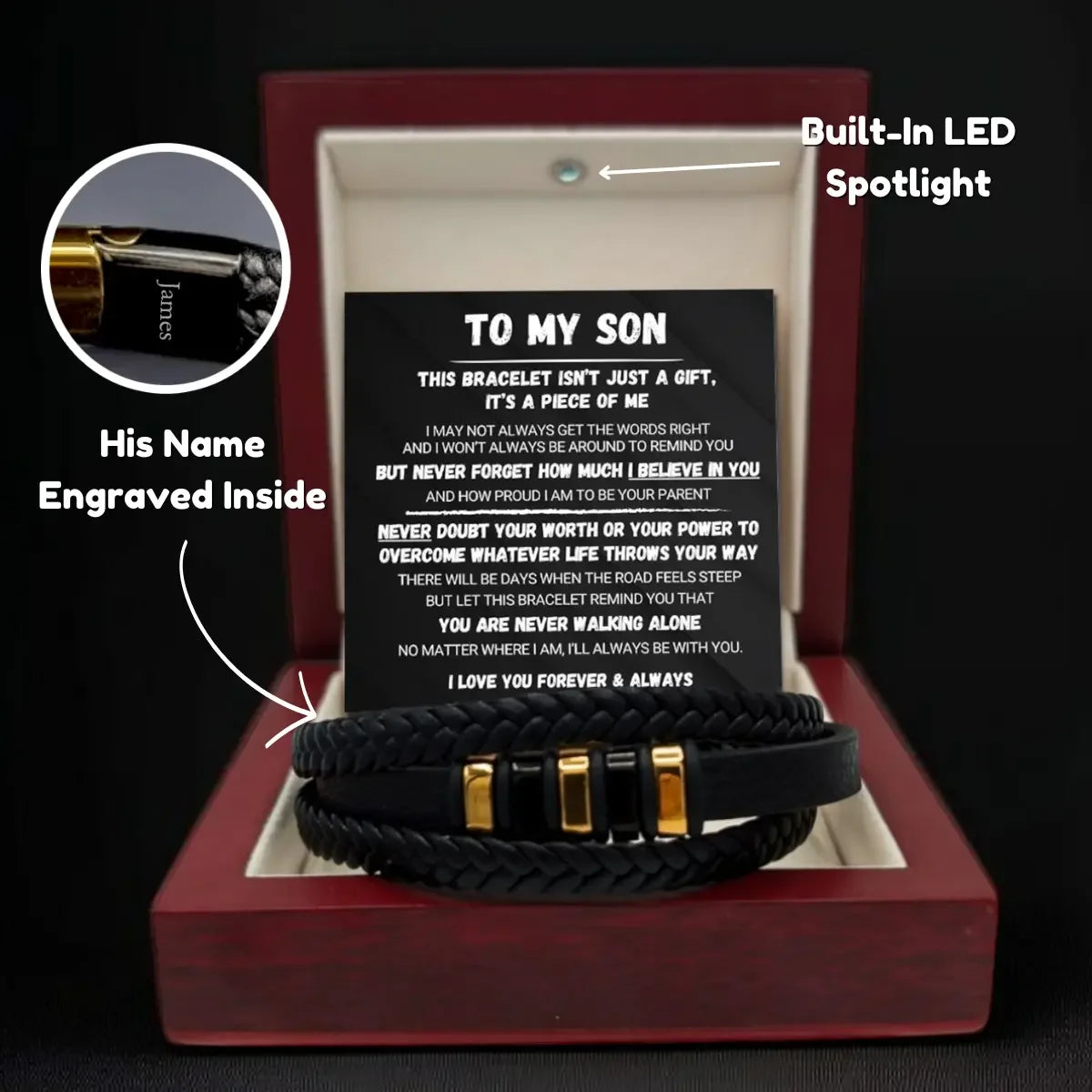 Black braided bracelet with gold accents in a red box, engraved message, and 'His Name' engraved inside.