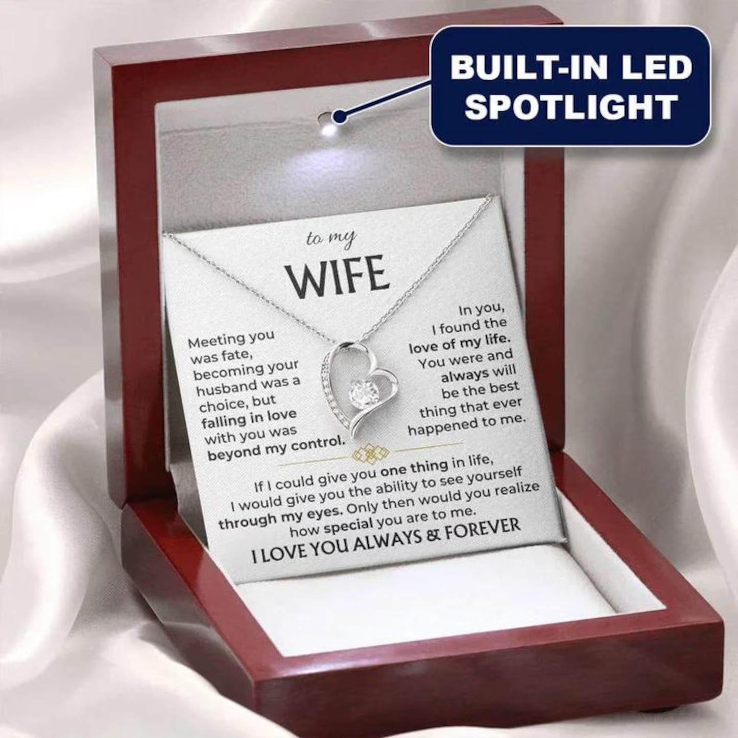 Jewelry box with a necklace and romantic message card, featuring a built-in LED spotlight.