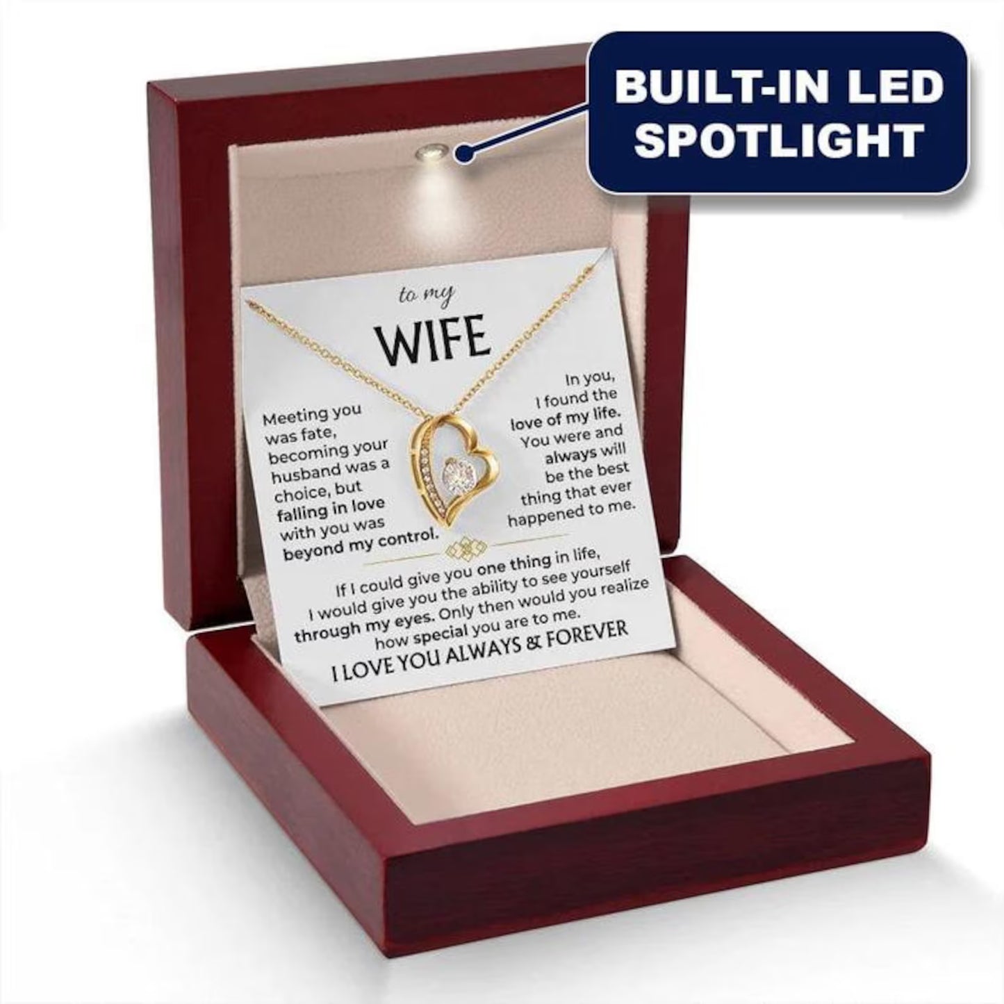 Necklace with a sentimental card in a wooden box, featuring a built-in LED spotlight.