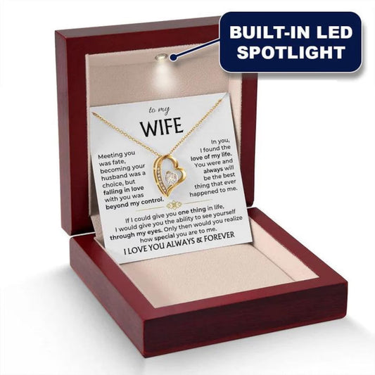 Necklace with a sentimental card in a wooden box, featuring a built-in LED spotlight.