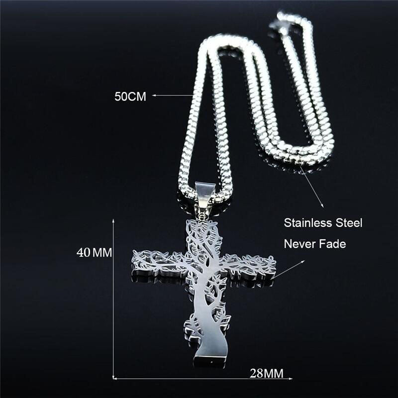 Silver cross pendant necklace with measurements on a black background