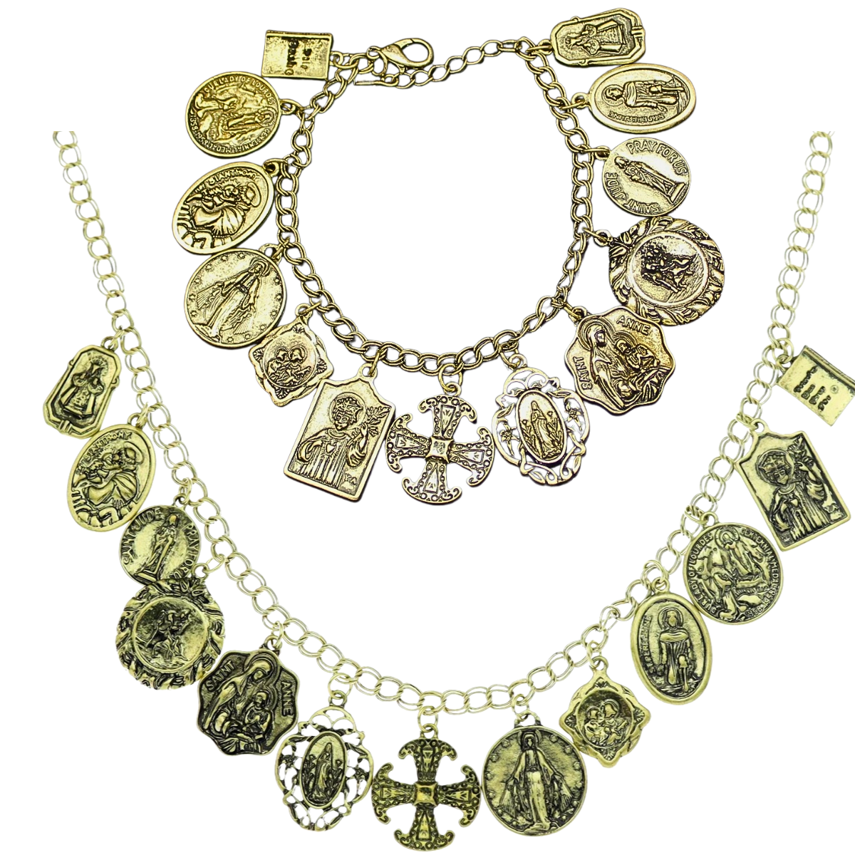 Gold charm bracelet with religious-themed charms on a white background