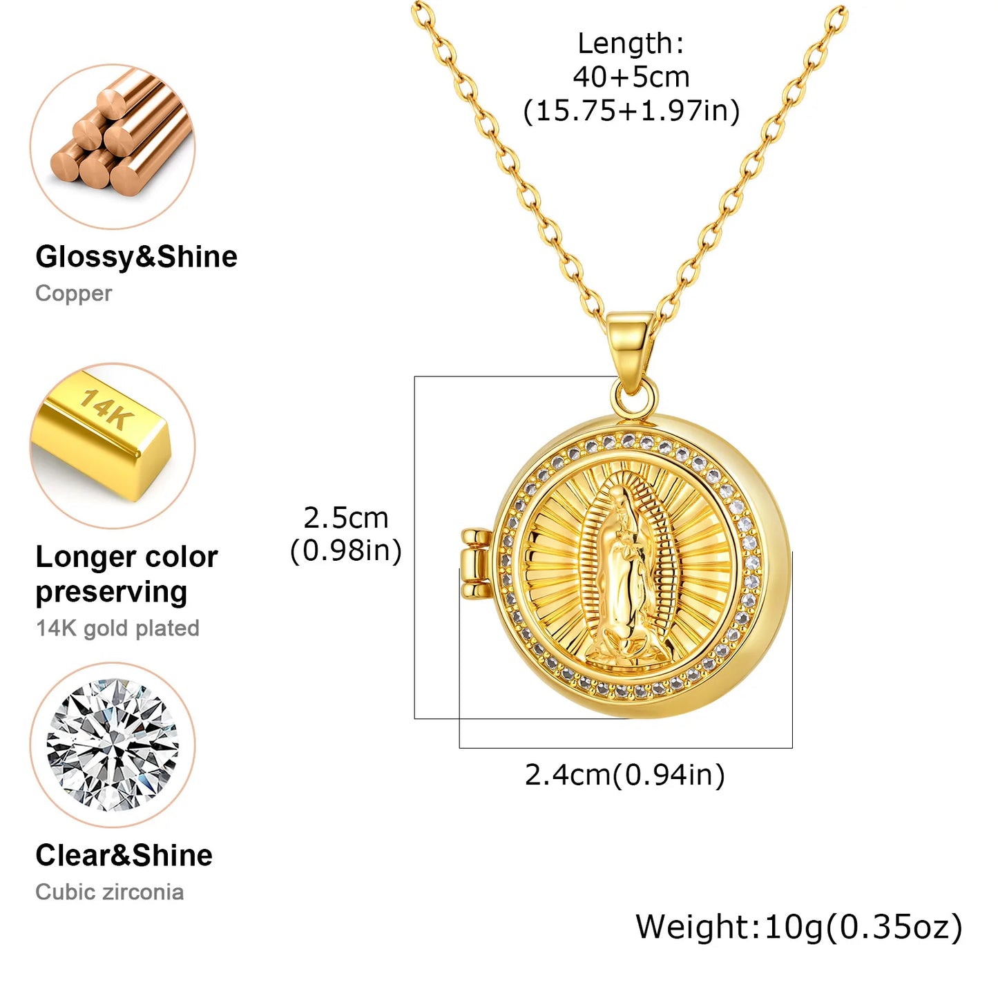 Gold necklace with a pendant, showing measurements and material details.