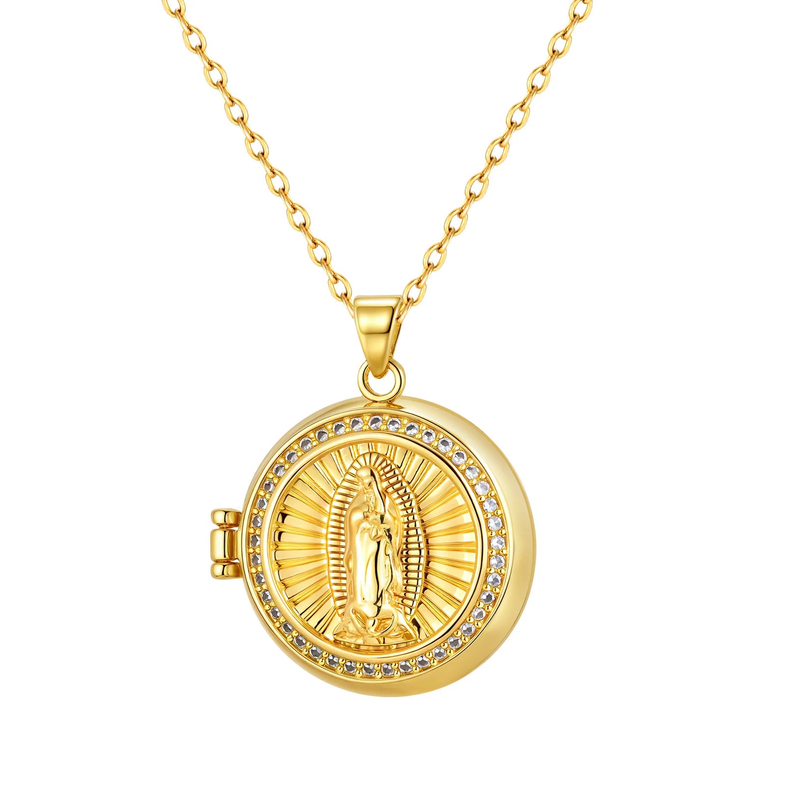Gold necklace with a round pendant featuring a religious figure on a white background