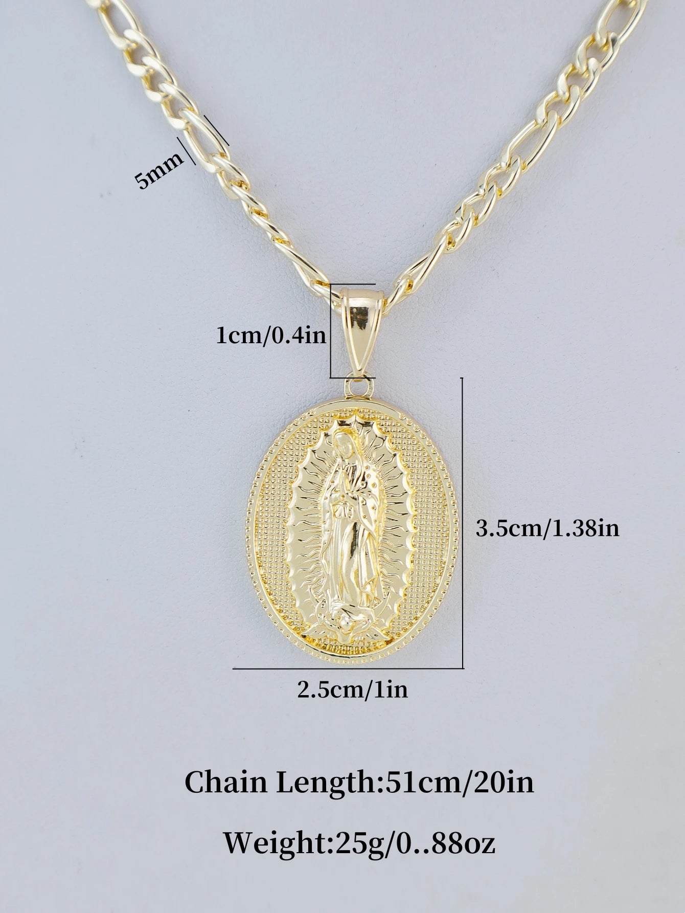 Gold necklace with a pendant, showing measurements on a gray background
