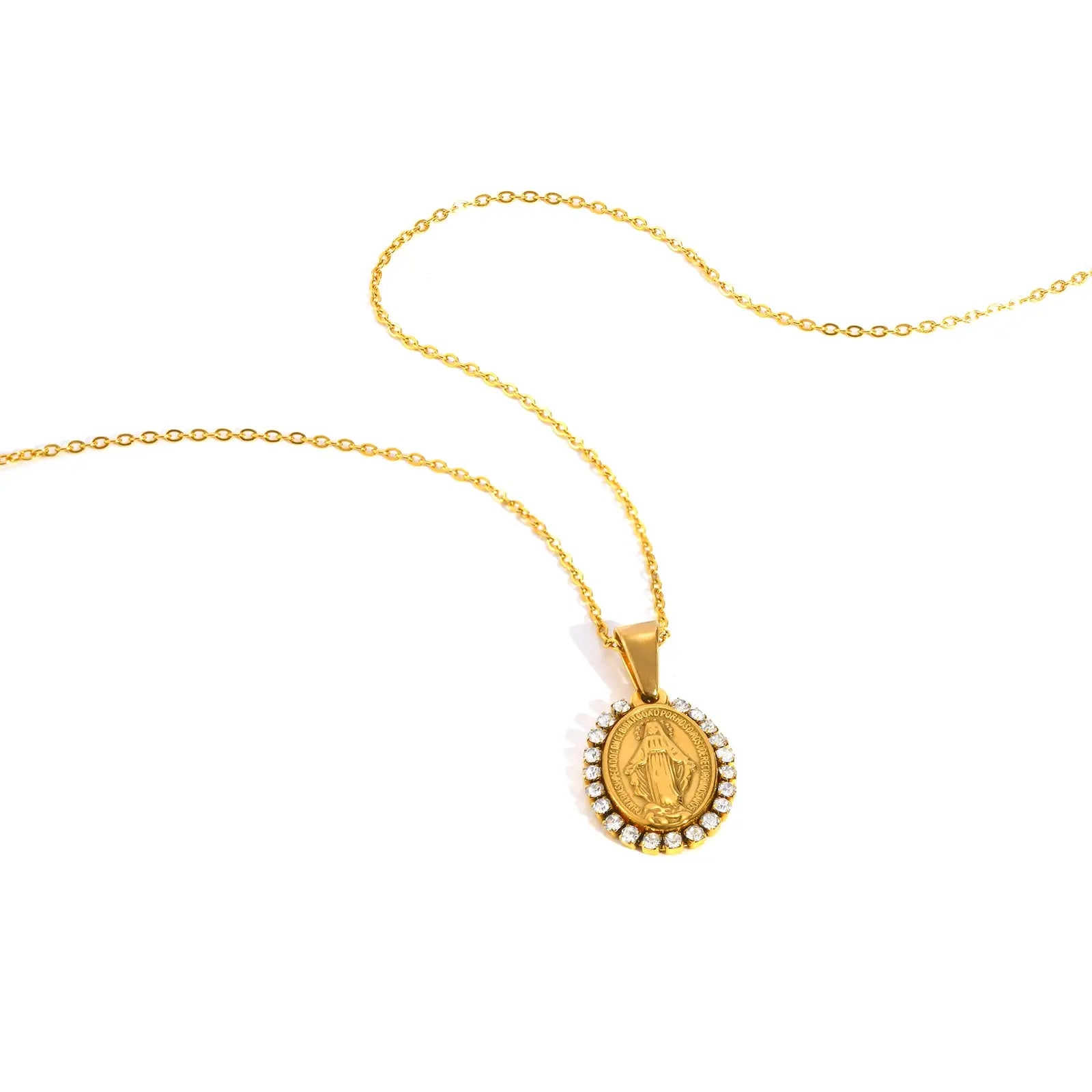 Gold necklace with a pendant on a white background