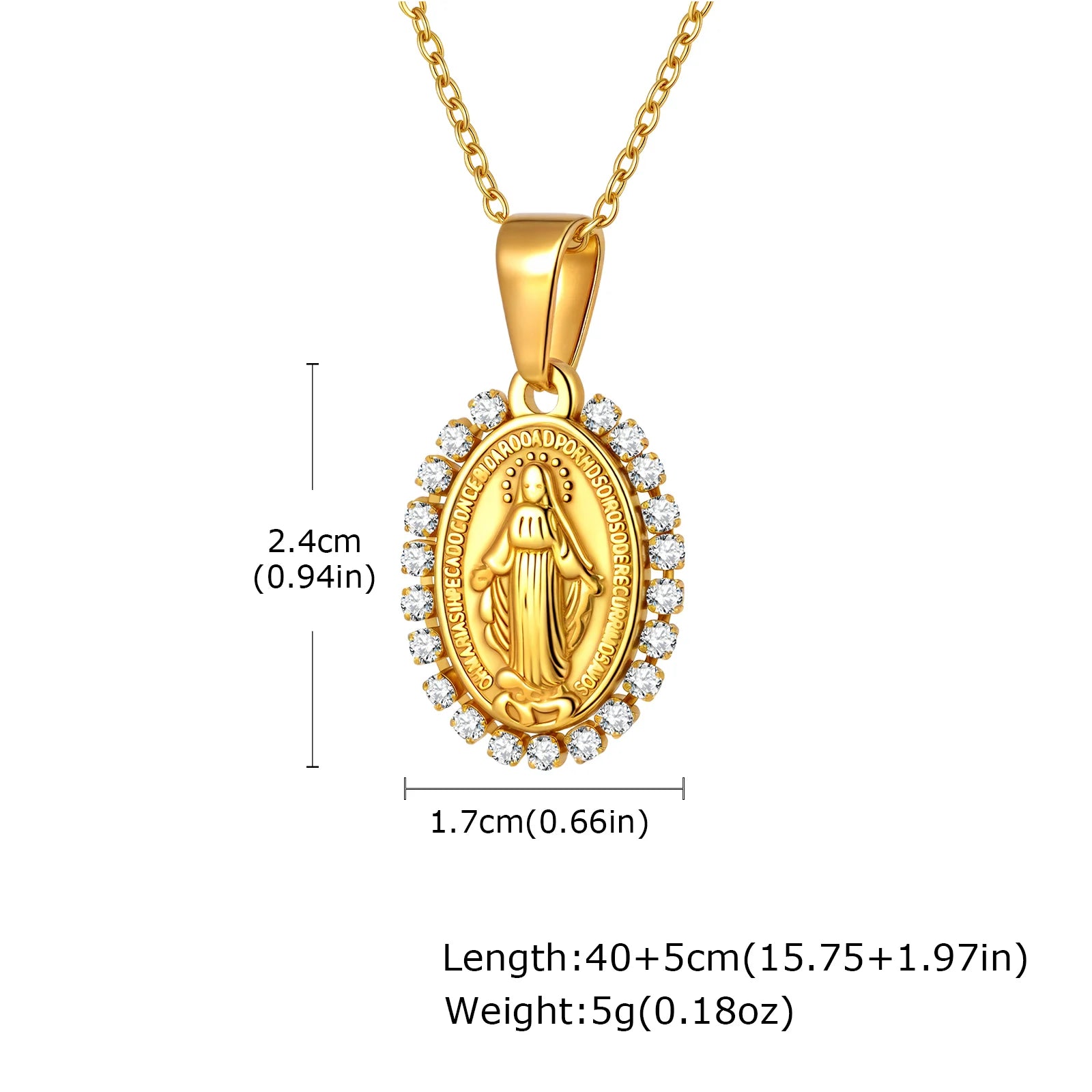 Gold pendant necklace with measurements on a white background