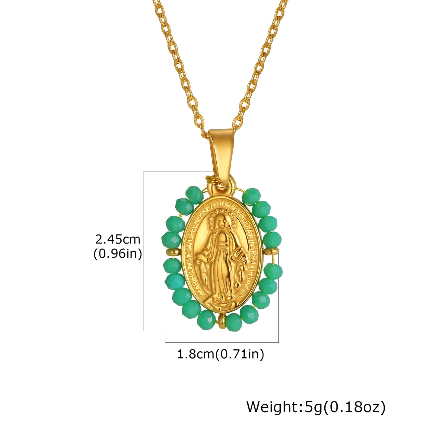 Gold necklace with a green beaded pendant on a white background