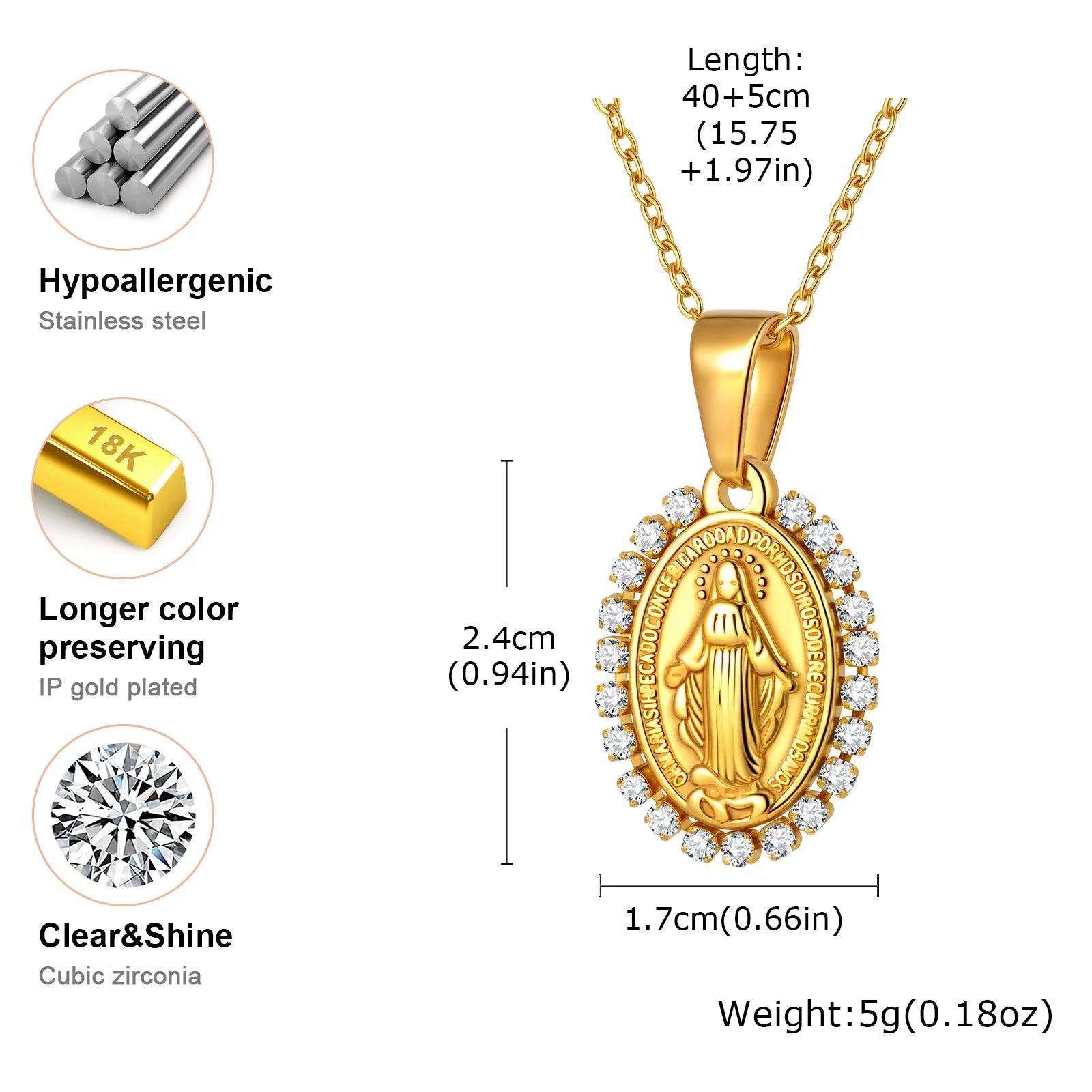 Gold pendant necklace with measurements and material details on a white background