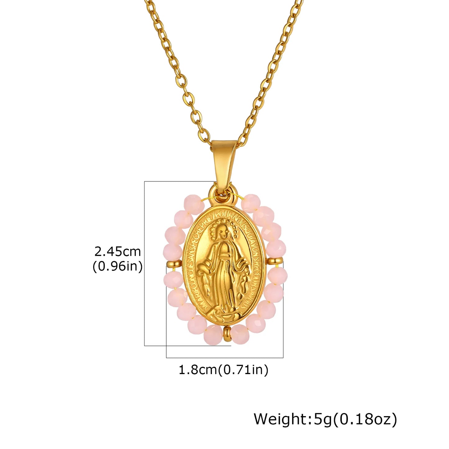 Gold necklace with a religious pendant and pink beads on a white background