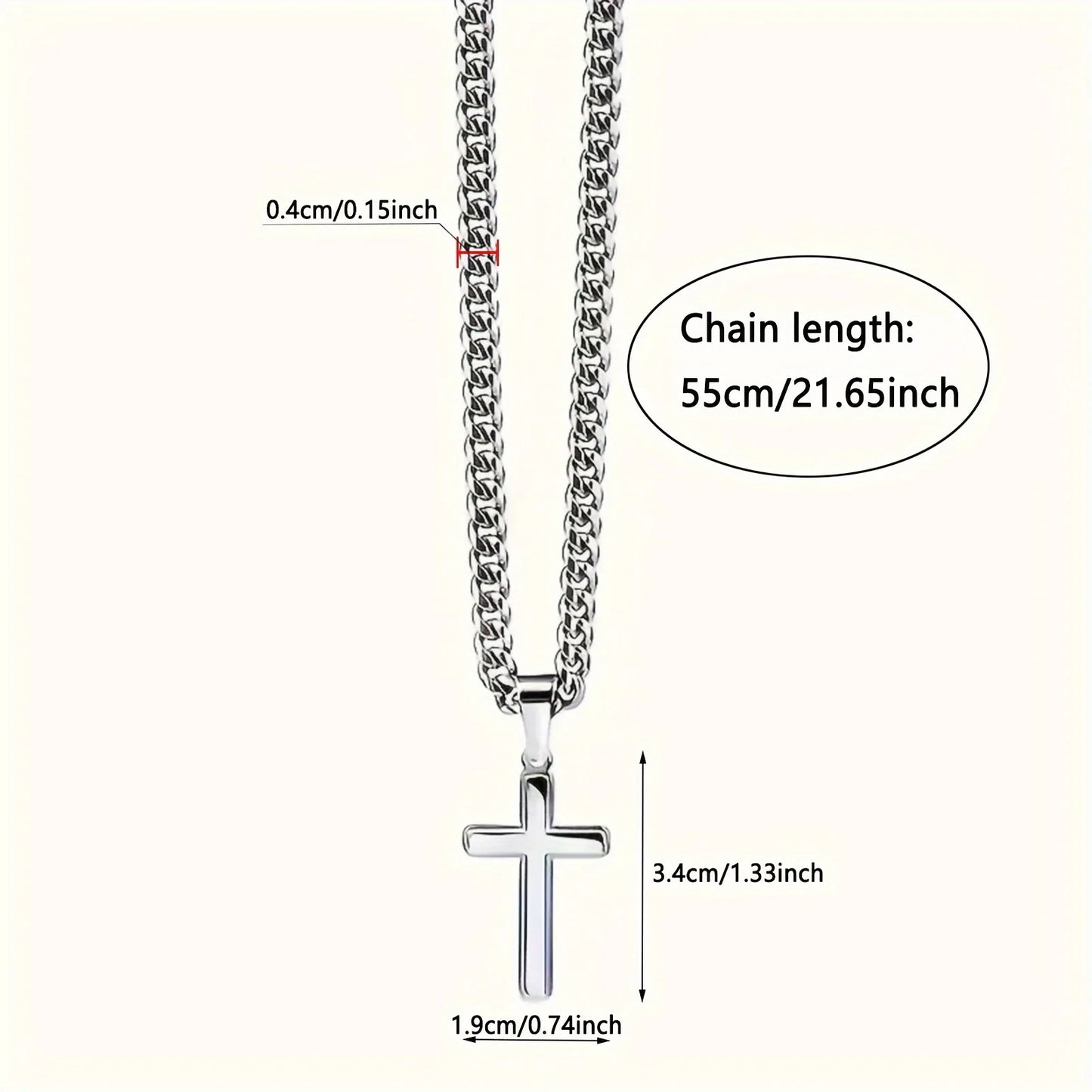 Silver cross necklace with chain length and dimensions labeled on a white background