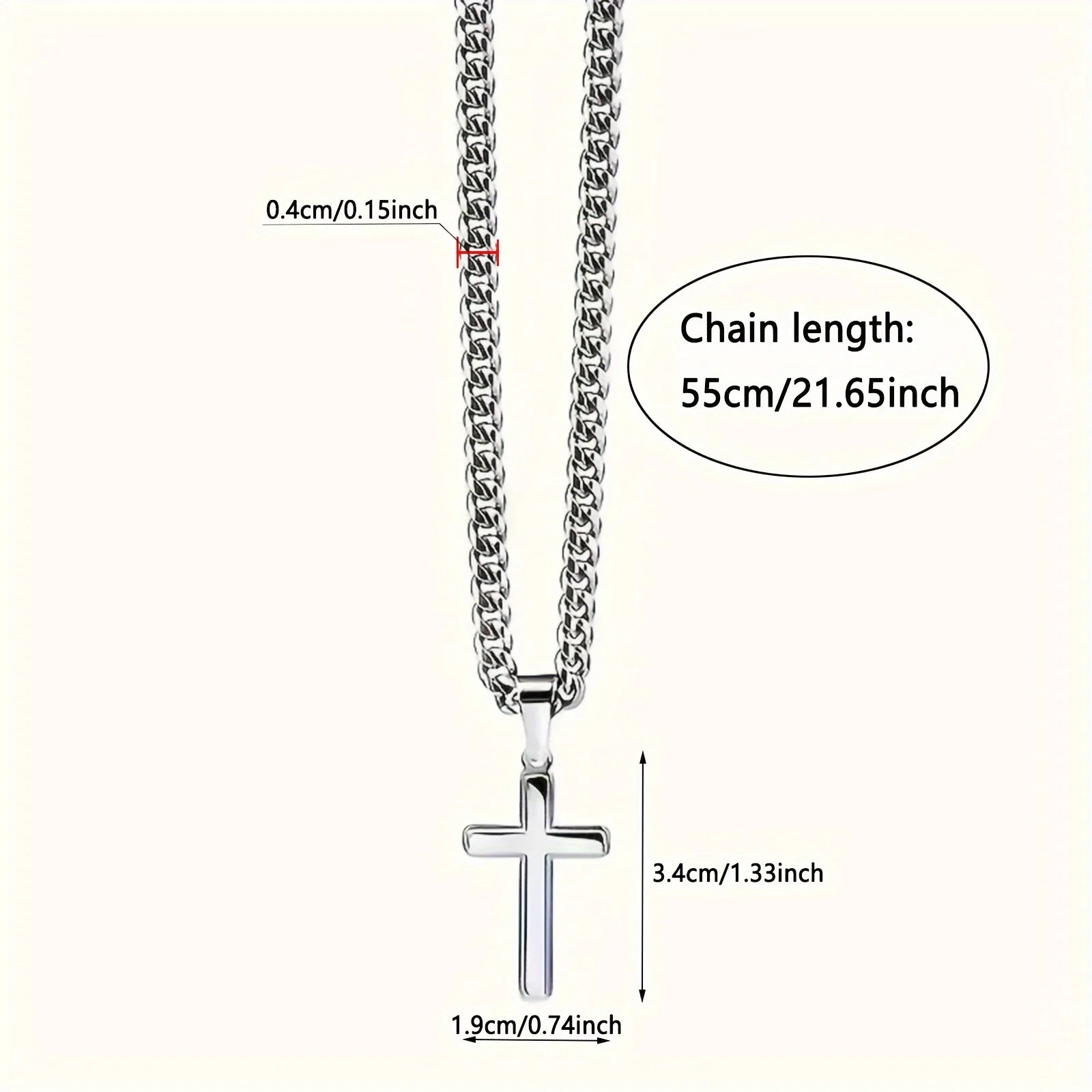 Silver cross necklace with chain length and dimensions labeled on a white background